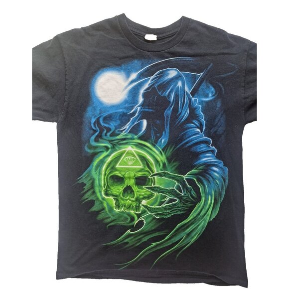 Gildan Other - Vintage Men's Y2K Grim Reaper Illuminati Skull Scary Spooky Black T-Shirt Size M